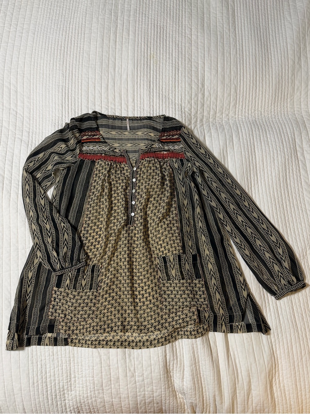 Free People Boho Embellished Mixed Print Peasant Blouse S